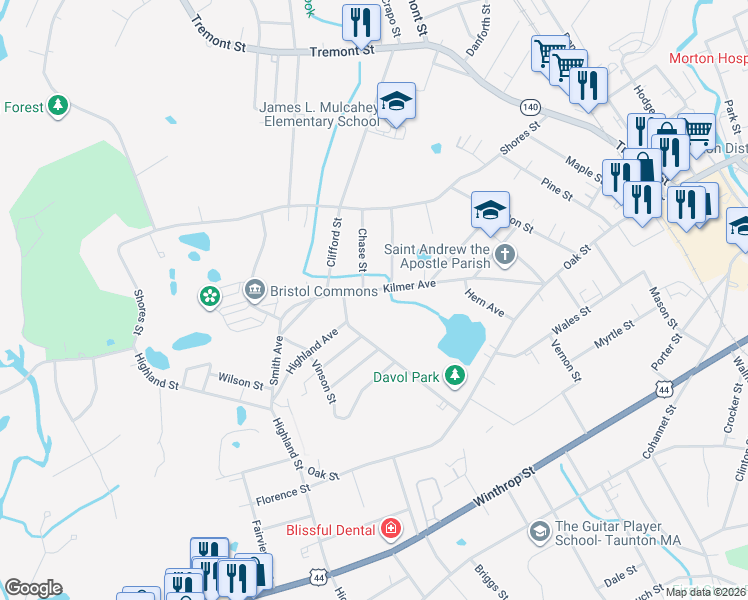 map of restaurants, bars, coffee shops, grocery stores, and more near 70 Kilmer Avenue in Taunton