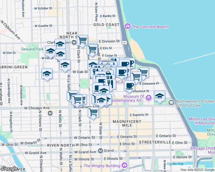 map of restaurants, bars, coffee shops, grocery stores, and more near 55 East Delaware Place in Chicago