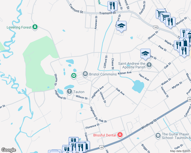 map of restaurants, bars, coffee shops, grocery stores, and more near 91 Kilmer Avenue in Taunton