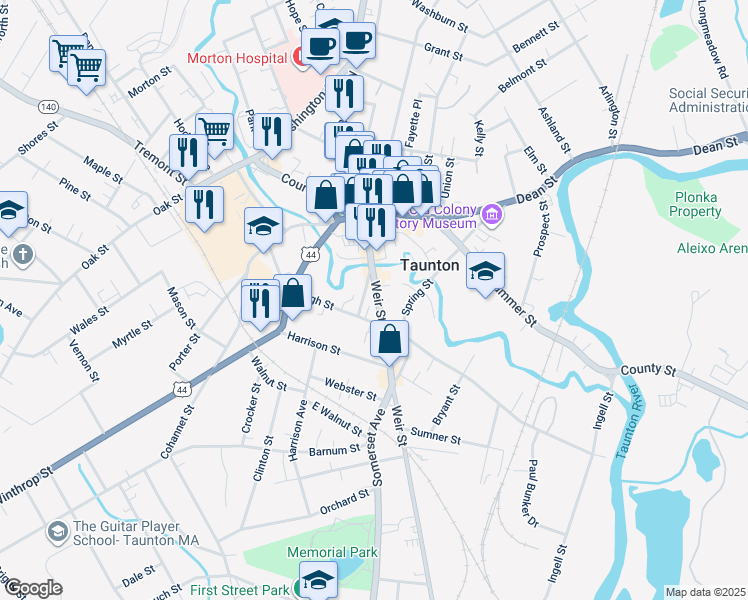 map of restaurants, bars, coffee shops, grocery stores, and more near 69 Weir Street in Taunton
