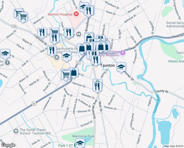 map of restaurants, bars, coffee shops, grocery stores, and more near 69 Weir Street in Taunton