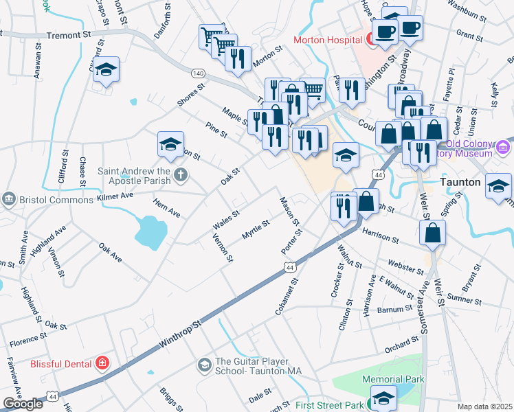 map of restaurants, bars, coffee shops, grocery stores, and more near 39 Olney Street in Taunton