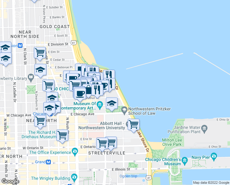 map of restaurants, bars, coffee shops, grocery stores, and more near 900 North Lake Shore Drive in Chicago
