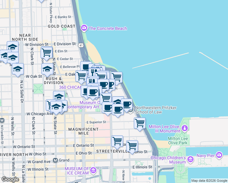 map of restaurants, bars, coffee shops, grocery stores, and more near 900 North Lake Shore Drive in Chicago