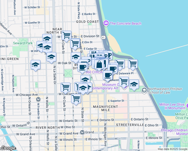map of restaurants, bars, coffee shops, grocery stores, and more near 900 Michigan Avenue in Chicago
