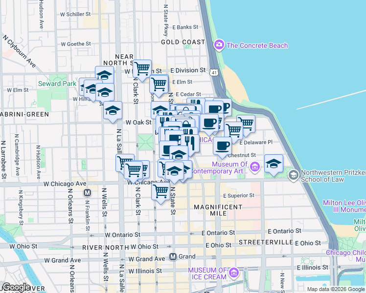 map of restaurants, bars, coffee shops, grocery stores, and more near 12 East Walton Street in Chicago