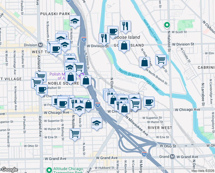 map of restaurants, bars, coffee shops, grocery stores, and more near 936 North Elston Avenue in Chicago