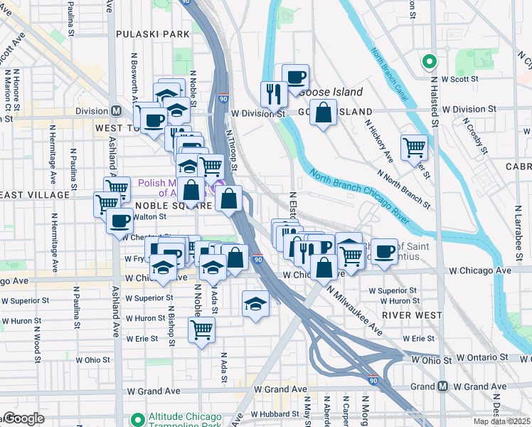 map of restaurants, bars, coffee shops, grocery stores, and more near 951 North Willard Court in Chicago