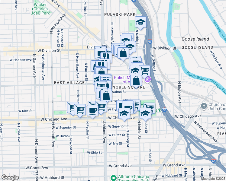 map of restaurants, bars, coffee shops, grocery stores, and more near 1527 West Augusta Boulevard in Chicago