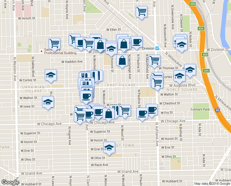 map of restaurants, bars, coffee shops, grocery stores, and more near 959 North Honore Street in Chicago
