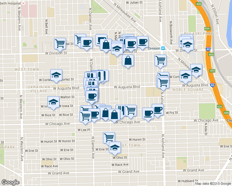 map of restaurants, bars, coffee shops, grocery stores, and more near 959 North Honore Street in Chicago