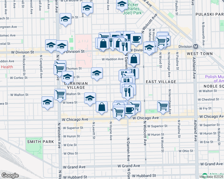 map of restaurants, bars, coffee shops, grocery stores, and more near 953 North Hoyne Avenue in Chicago