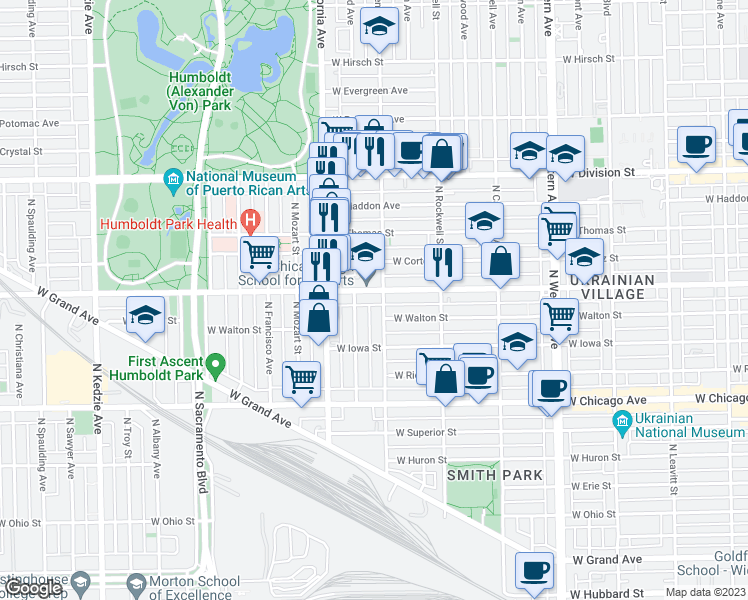 map of restaurants, bars, coffee shops, grocery stores, and more near 2700 West Augusta Boulevard in Chicago