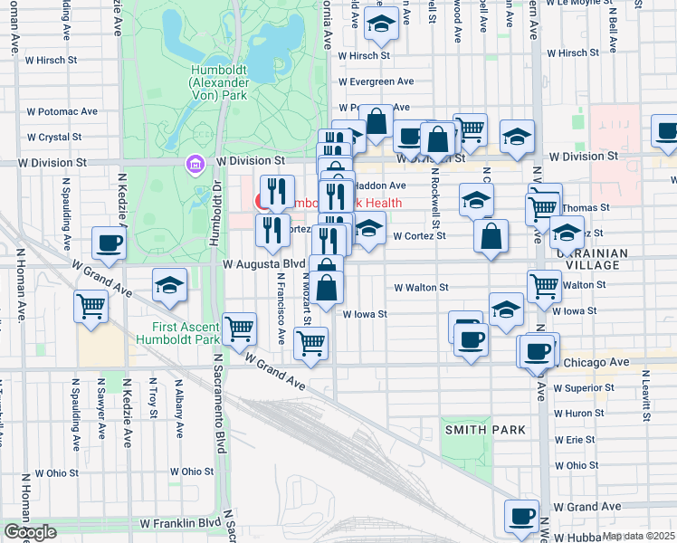 map of restaurants, bars, coffee shops, grocery stores, and more near 2740 West Augusta Boulevard in Chicago