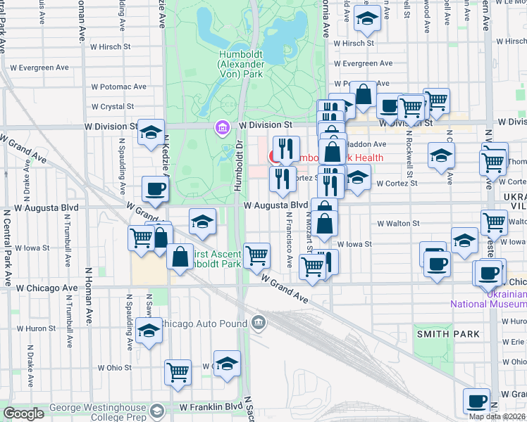 map of restaurants, bars, coffee shops, grocery stores, and more near 1003 North Richmond Street in Chicago