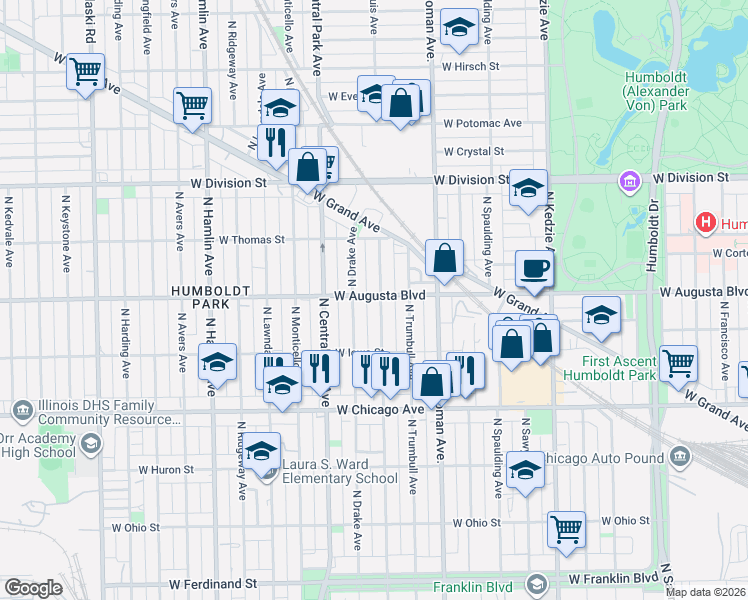 map of restaurants, bars, coffee shops, grocery stores, and more near 1011 North Saint Louis Avenue in Chicago