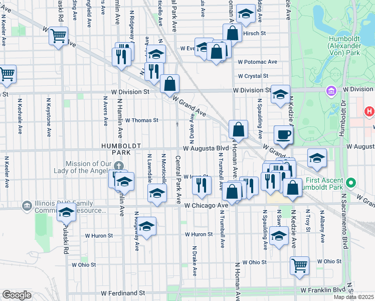 map of restaurants, bars, coffee shops, grocery stores, and more near 1008 North Drake Avenue in Chicago