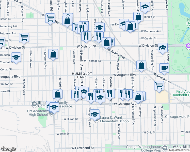 map of restaurants, bars, coffee shops, grocery stores, and more near 1011 North Lawndale Avenue in Chicago
