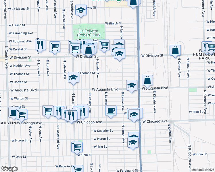 map of restaurants, bars, coffee shops, grocery stores, and more near 4939 West Cortez Street in Chicago