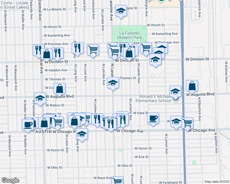 map of restaurants, bars, coffee shops, grocery stores, and more near 1018 North Laramie Avenue in Chicago