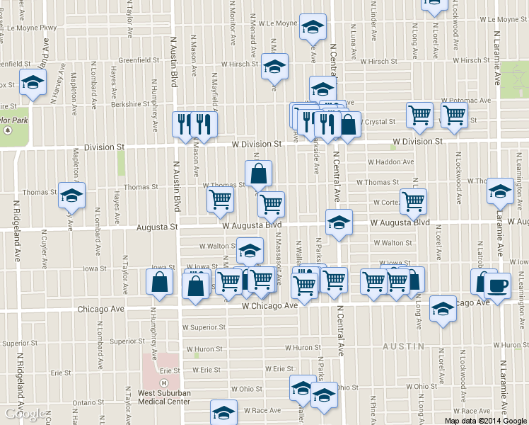 map of restaurants, bars, coffee shops, grocery stores, and more near 1034 North Massasoit Avenue in Chicago