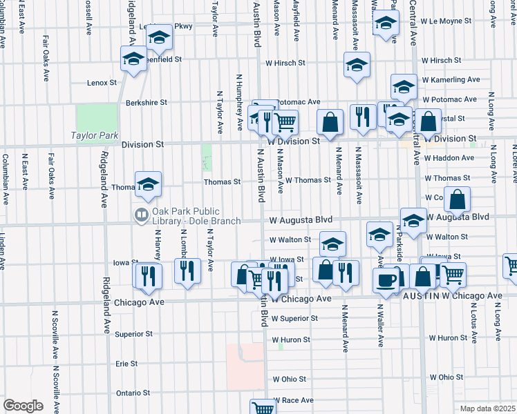 map of restaurants, bars, coffee shops, grocery stores, and more near 1034 North Austin Boulevard in Oak Park