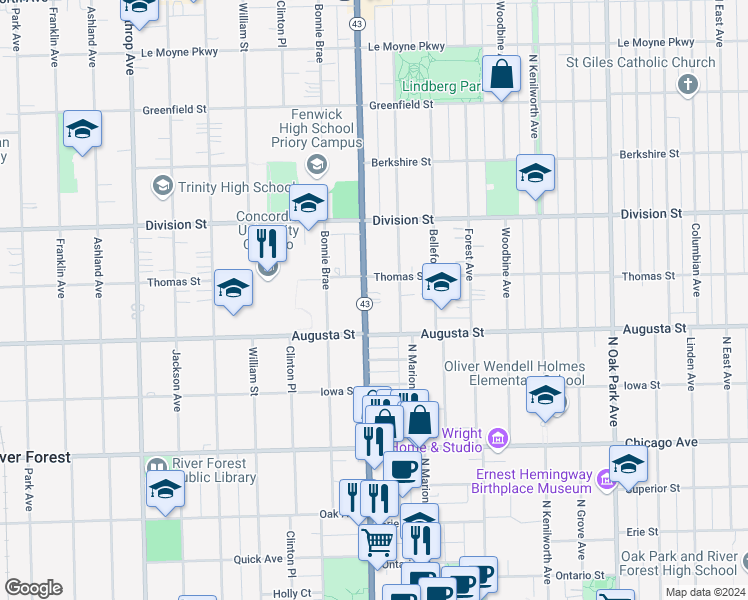 map of restaurants, bars, coffee shops, grocery stores, and more near 1047 Illinois 43 in Oak Park