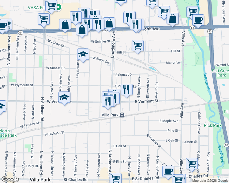 map of restaurants, bars, coffee shops, grocery stores, and more near 21 East Plymouth Street in Villa Park