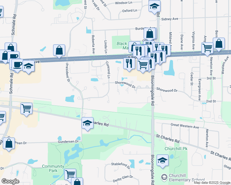 map of restaurants, bars, coffee shops, grocery stores, and more near 1112 Kingston Court in Glendale Heights