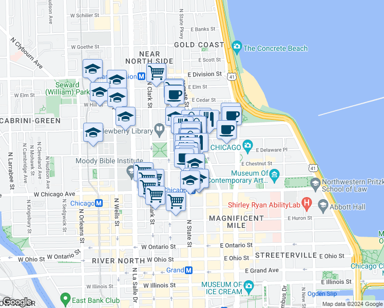 map of restaurants, bars, coffee shops, grocery stores, and more near 5 East Delaware Place in Chicago
