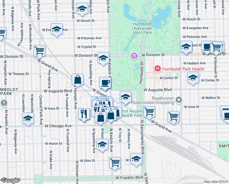 map of restaurants, bars, coffee shops, grocery stores, and more near 1000 North Kedzie Avenue in Chicago