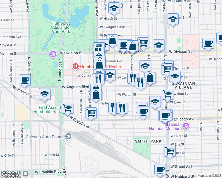 map of restaurants, bars, coffee shops, grocery stores, and more near 2713 West Augusta Boulevard in Chicago
