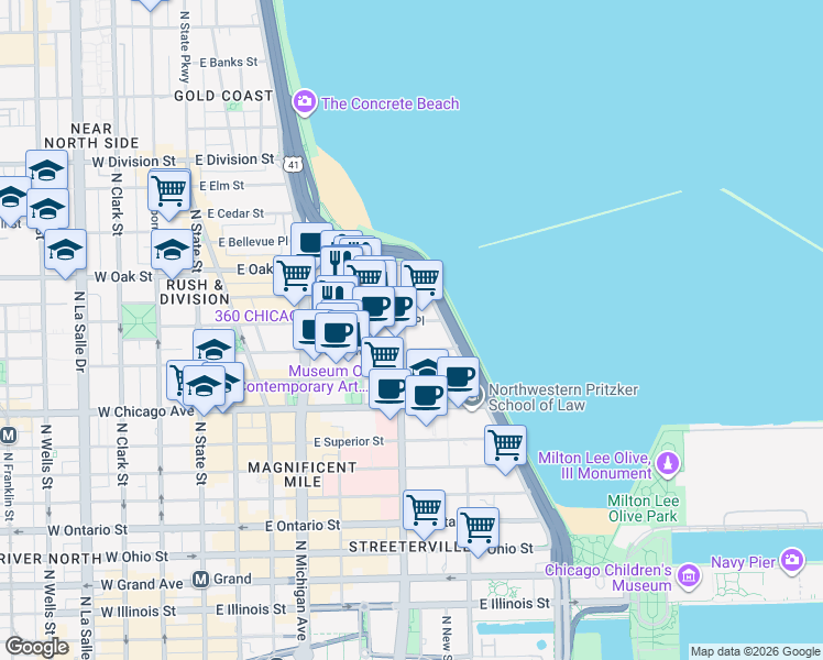 map of restaurants, bars, coffee shops, grocery stores, and more near 253 East Delaware Place in Chicago