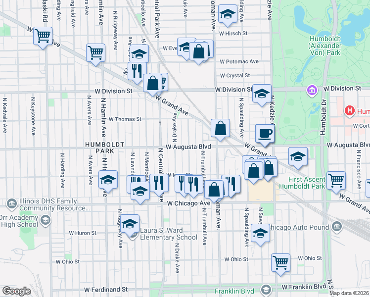 map of restaurants, bars, coffee shops, grocery stores, and more near 1011 North Saint Louis Avenue in Chicago