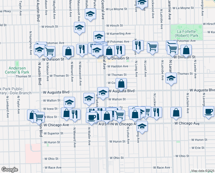 map of restaurants, bars, coffee shops, grocery stores, and more near 5526 West Cortez Street in Chicago