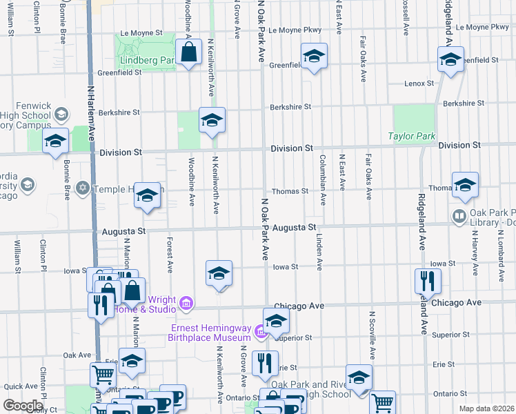 map of restaurants, bars, coffee shops, grocery stores, and more near 737 North Oak Park Avenue in Oak Park