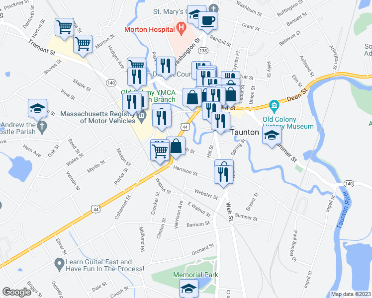 map of restaurants, bars, coffee shops, grocery stores, and more near 134 High Street in Taunton