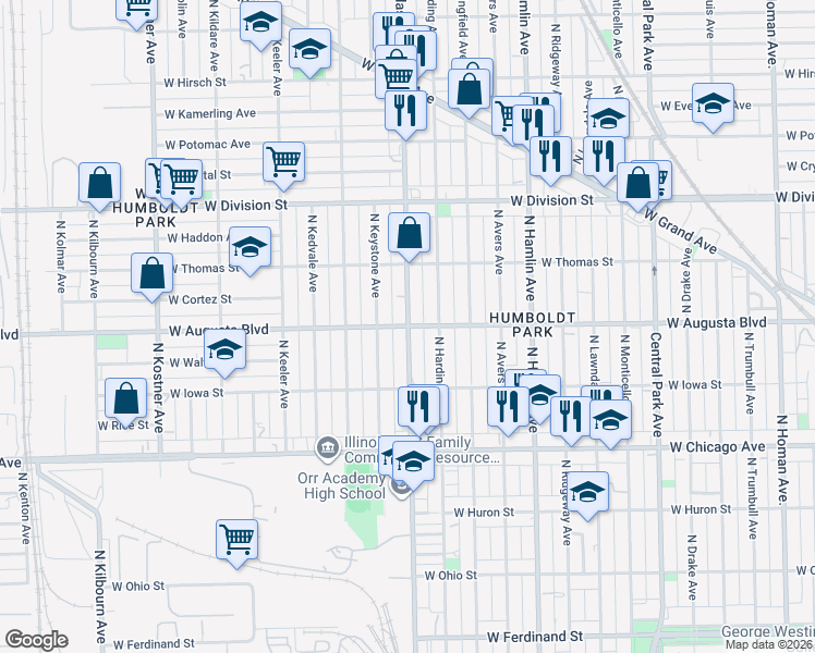 map of restaurants, bars, coffee shops, grocery stores, and more near N Pulaski Rd & W Augusta Blvd in Chicago