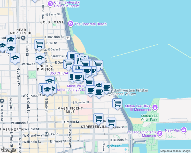 map of restaurants, bars, coffee shops, grocery stores, and more near 253 East Delaware Place in Chicago