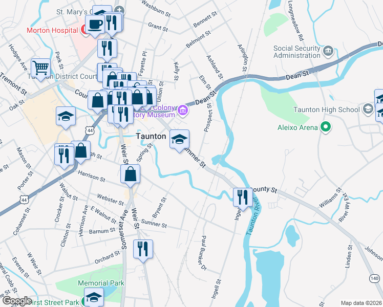 map of restaurants, bars, coffee shops, grocery stores, and more near Summer Street in Taunton