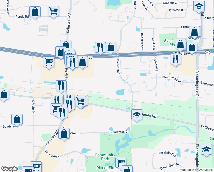 map of restaurants, bars, coffee shops, grocery stores, and more near 660 Hearth Lane in Carol Stream