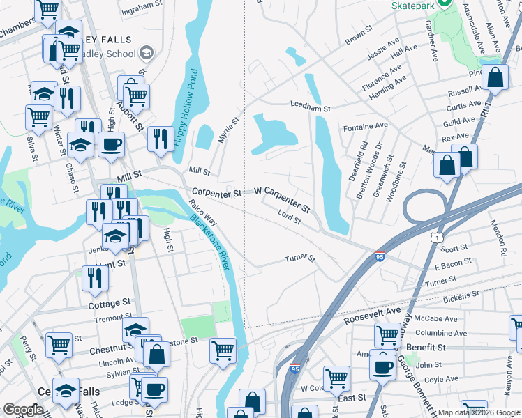 map of restaurants, bars, coffee shops, grocery stores, and more near 24 Central Street in Attleboro