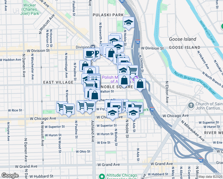 map of restaurants, bars, coffee shops, grocery stores, and more near 1451 West Augusta Boulevard in Chicago