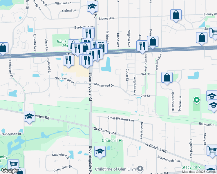 map of restaurants, bars, coffee shops, grocery stores, and more near 280 Shorewood Drive in Glendale Heights