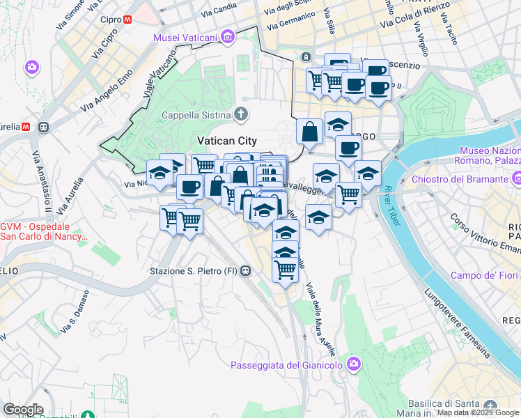 map of restaurants, bars, coffee shops, grocery stores, and more near 1-13 Via di Porta Cavalleggeri in Rome