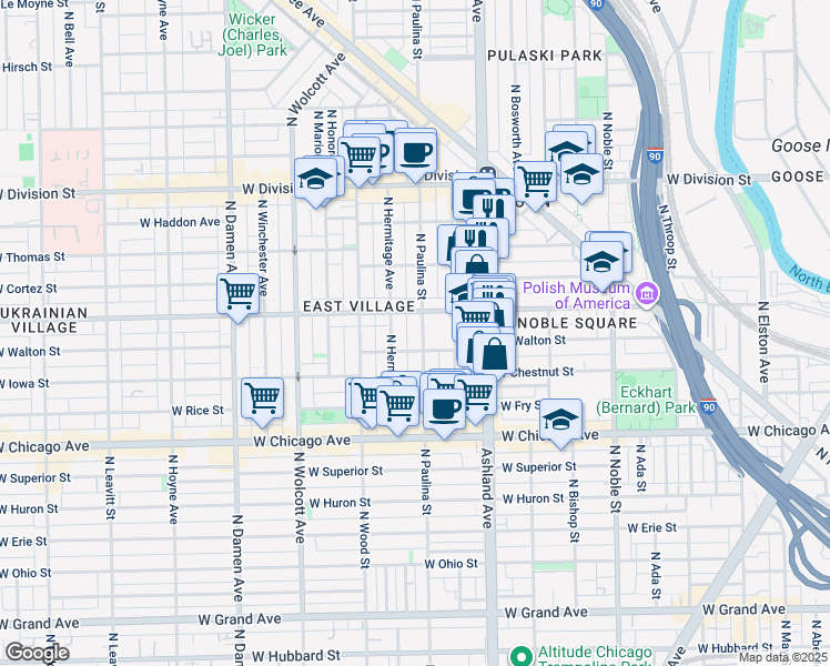 map of restaurants, bars, coffee shops, grocery stores, and more near 916 North Paulina Street in Chicago