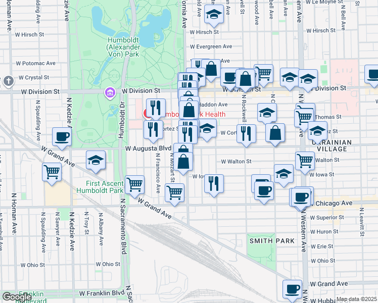 map of restaurants, bars, coffee shops, grocery stores, and more near 2740 West Augusta Boulevard in Chicago