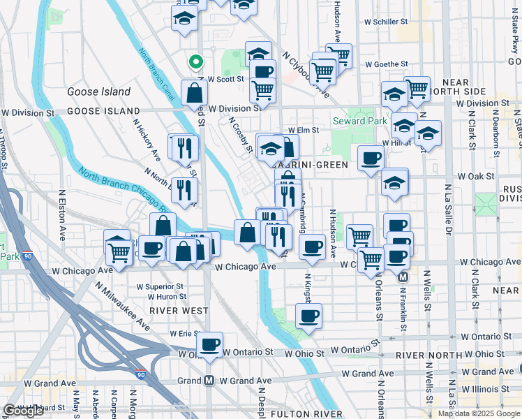 map of restaurants, bars, coffee shops, grocery stores, and more near 900 North Kingsbury Street in Chicago