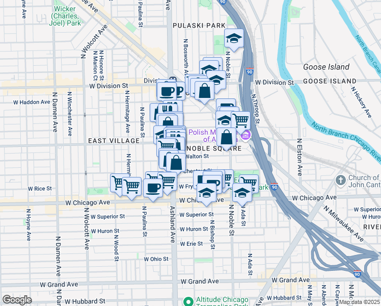 map of restaurants, bars, coffee shops, grocery stores, and more near 1527 West Augusta Boulevard in Chicago