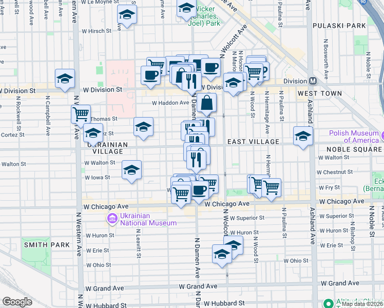 map of restaurants, bars, coffee shops, grocery stores, and more near 2021 West Augusta Boulevard in Chicago